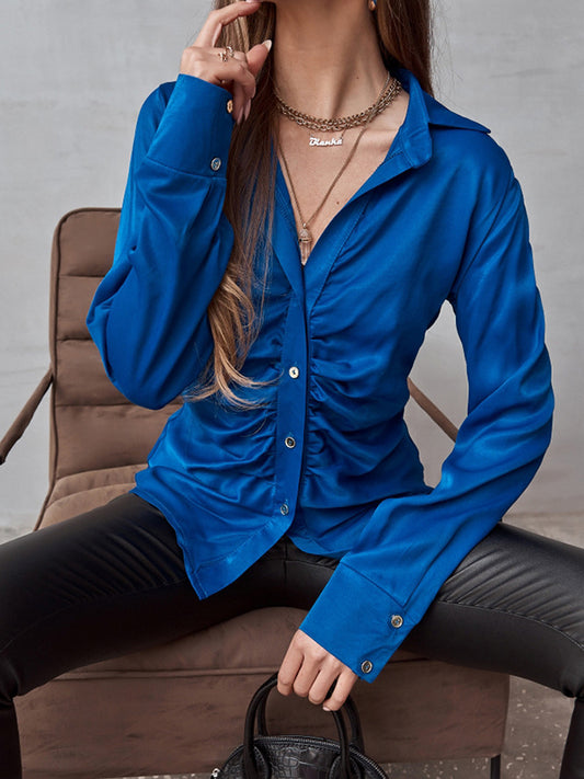 flowersverse Pleated Solid Color Long Sleeves Lapel Blouses&shirts Tops