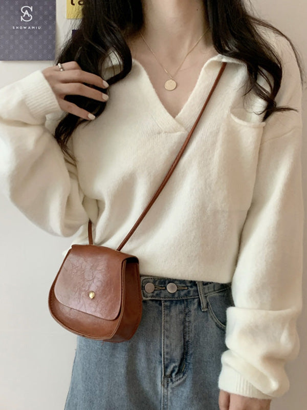 flowersverse Casual Simple 6 Colors V-Neck Long Sleeves Sweater Top
