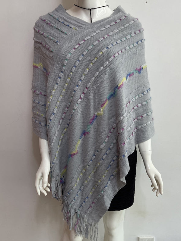 flowersverse Asymmetric Contrast Color Tasseled Loose V-Neck Shawl&Cloak Cape