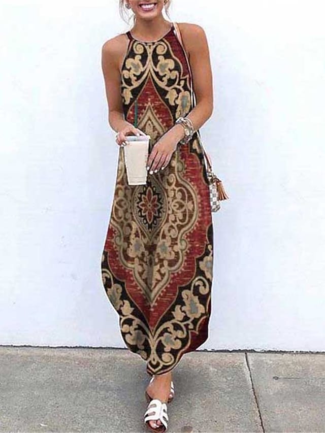 flowersverse Women's Casual Dress Shift Dress Slip Dress Long Dress Maxi Dress Wine Red Khaki Sleeveless Floral Print Winter Fall Spring Spaghetti Strap Fashion Daily S M L XL XXL 3XL