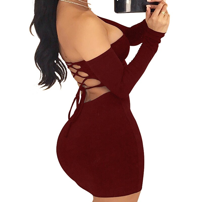 flowersverse Women's Semi Formal Dress Party Dress Bodycon Sheath Dress Mini Dress Black White Wine Long Sleeve Pure Color Backless Spring Fall Winter Off Shoulder Party Vacation Spring Dress Slim S M L XL