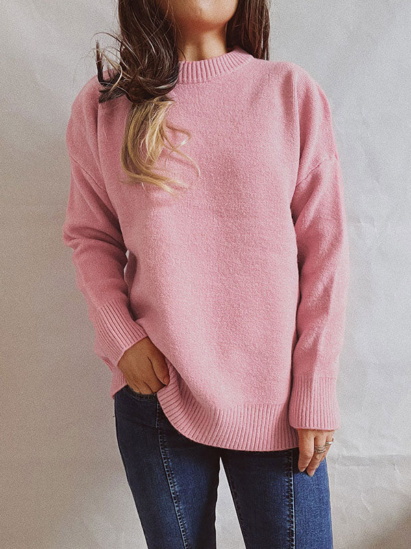 flowersverse Casual Loose Long Sleeves Solid Color Round-Neck Sweater Tops