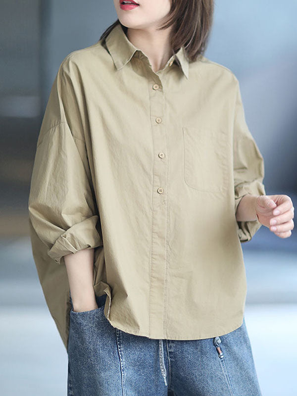 flowersverse Solid Color High-low Long Sleeves Lapel Blouses&shirts Tops