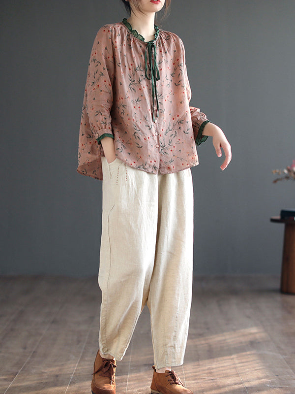 flowersverse Floral Printed Lace-Up Long Sleeves Loose Round-Neck Blouses&Shirts Tops
