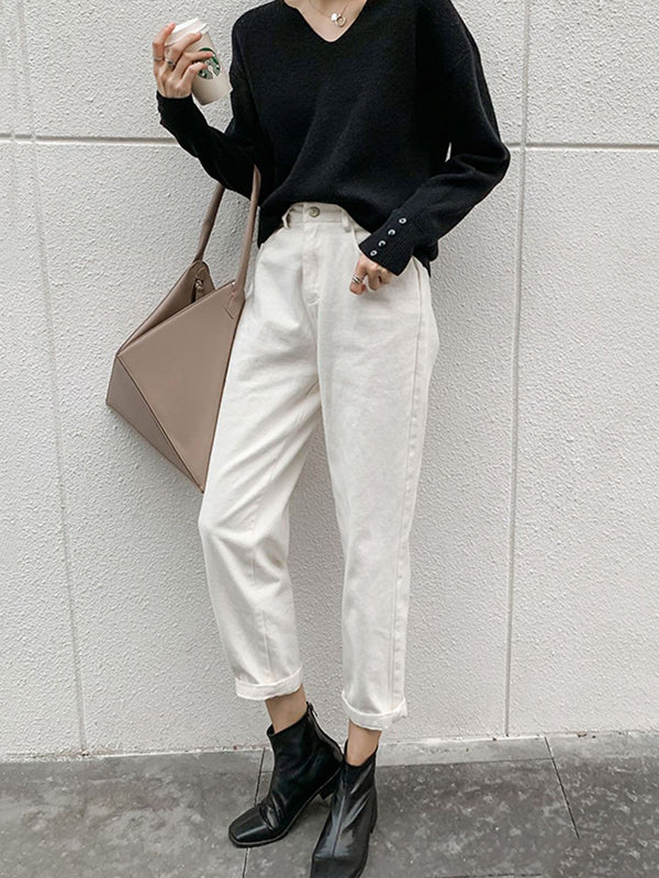 flowersverse Casual Loose Long Sleeves Solid Color V-Neck Sweater Tops