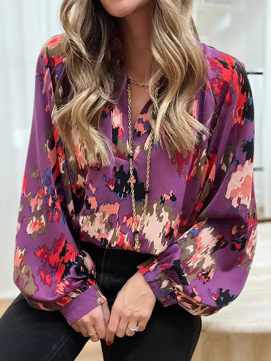 flowersverse Printed Long Sleeves Loose V-Neck Blouses&Shirts Tops