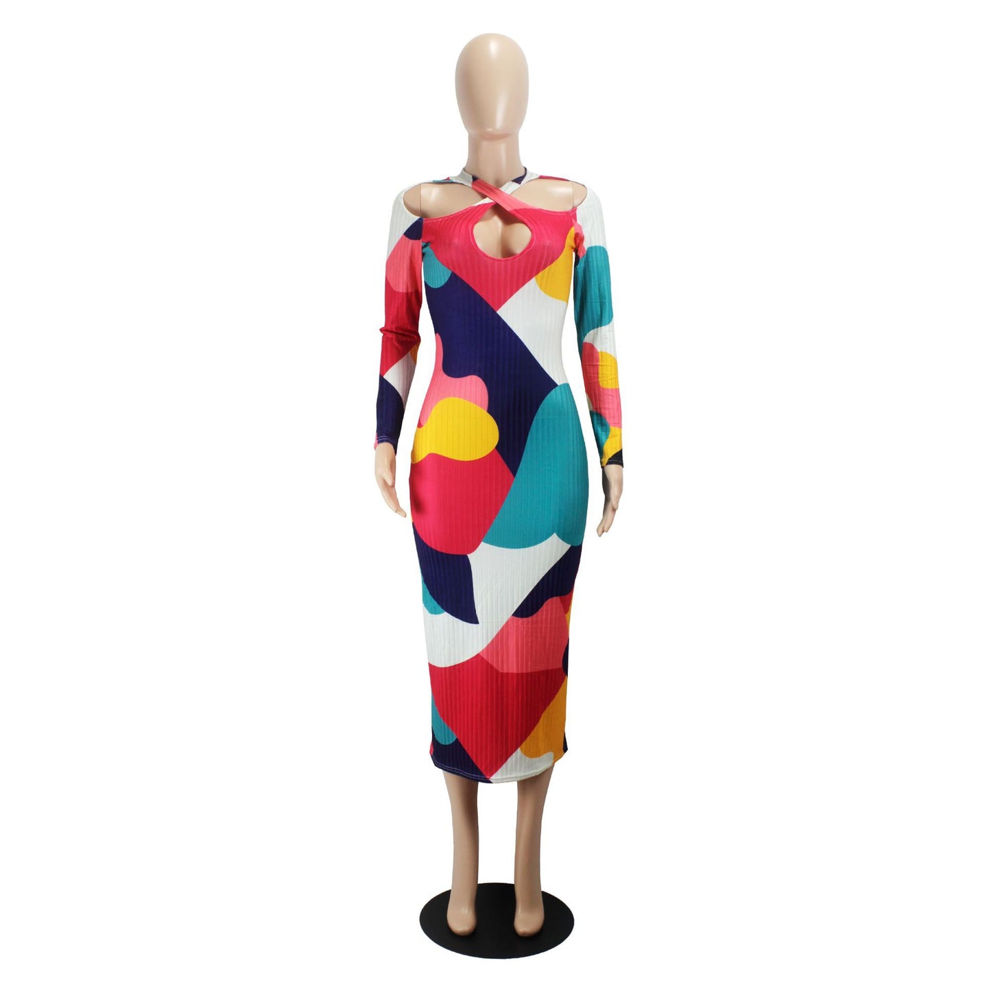 flowersverse Women's Multi-Color Ribbed Long Sleeves Midi Bodycon Dress