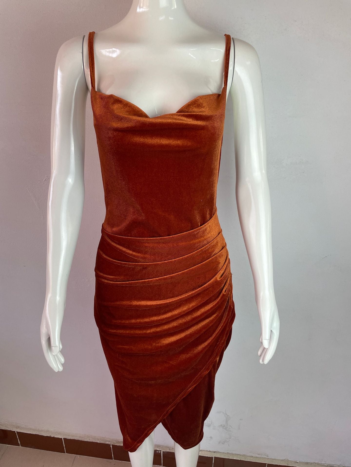 flowersverse Spring Summer Ladies Fashion Chic Slit Pleated velvet Strap Dress Evening Dress