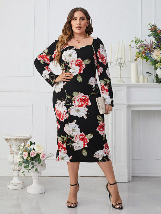 flowersverse Plus Size Printed Square Neck Slim Waist Bodycon Long Sleeve Dress