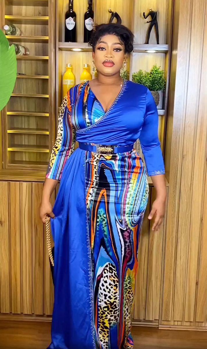 flowersverse Color block V-Neck Long Skirt Plus Size Dress