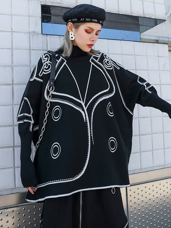 flowersverse Casual Loose Long Sleeves Contrast Color Jacquard High-Neck Sweater Tops