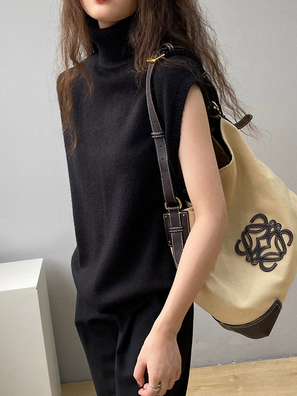 flowersverse Simple Loose Solid Color High-Neck Knitting Vest Top