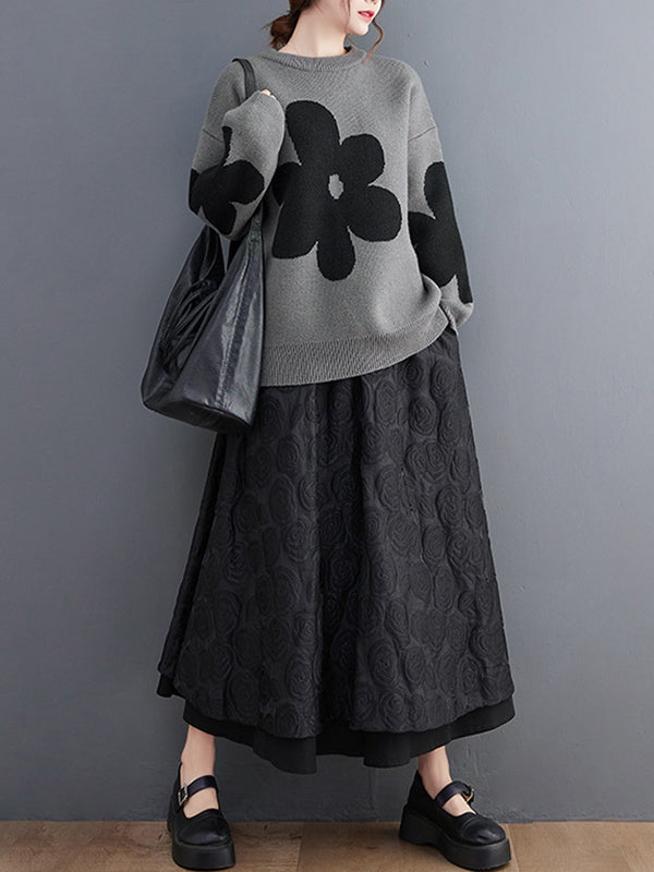 flowersverse Casual Loose Long Sleeves Contrast Color Jacquard Round-Neck Sweater Tops