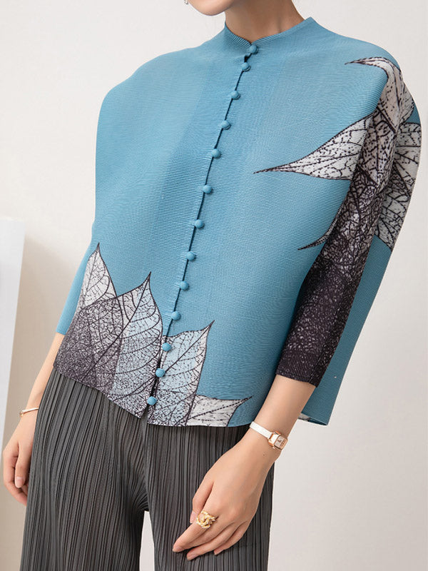 flowersverse Buttoned Leaves Print Long Sleeves Loose Round-Neck Outerwear