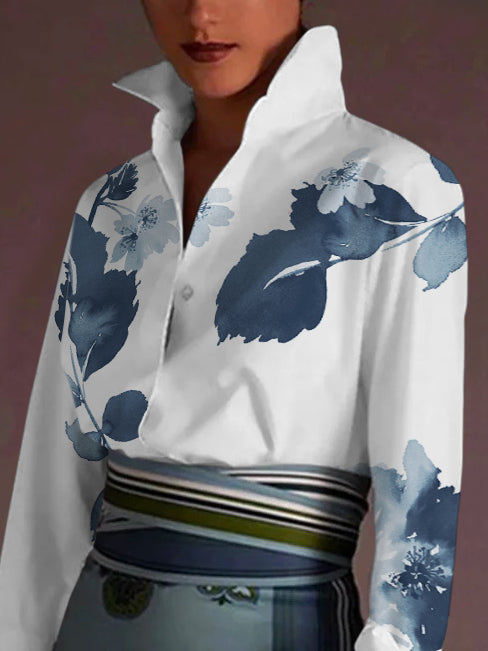 flowersverse Long Sleeves Loose Falbala Leaves Print Printed Lapel Collar Blouses&Shirts Tops