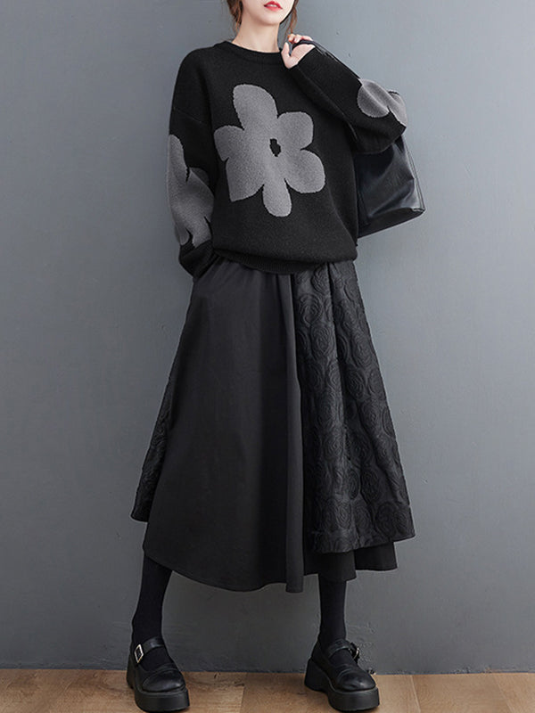 flowersverse Casual Loose Long Sleeves Contrast Color Jacquard Round-Neck Sweater Tops