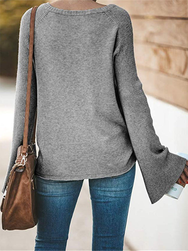 flowersverse Casual Long Sleeves Loose Solid Color V-Neck Sweater Tops