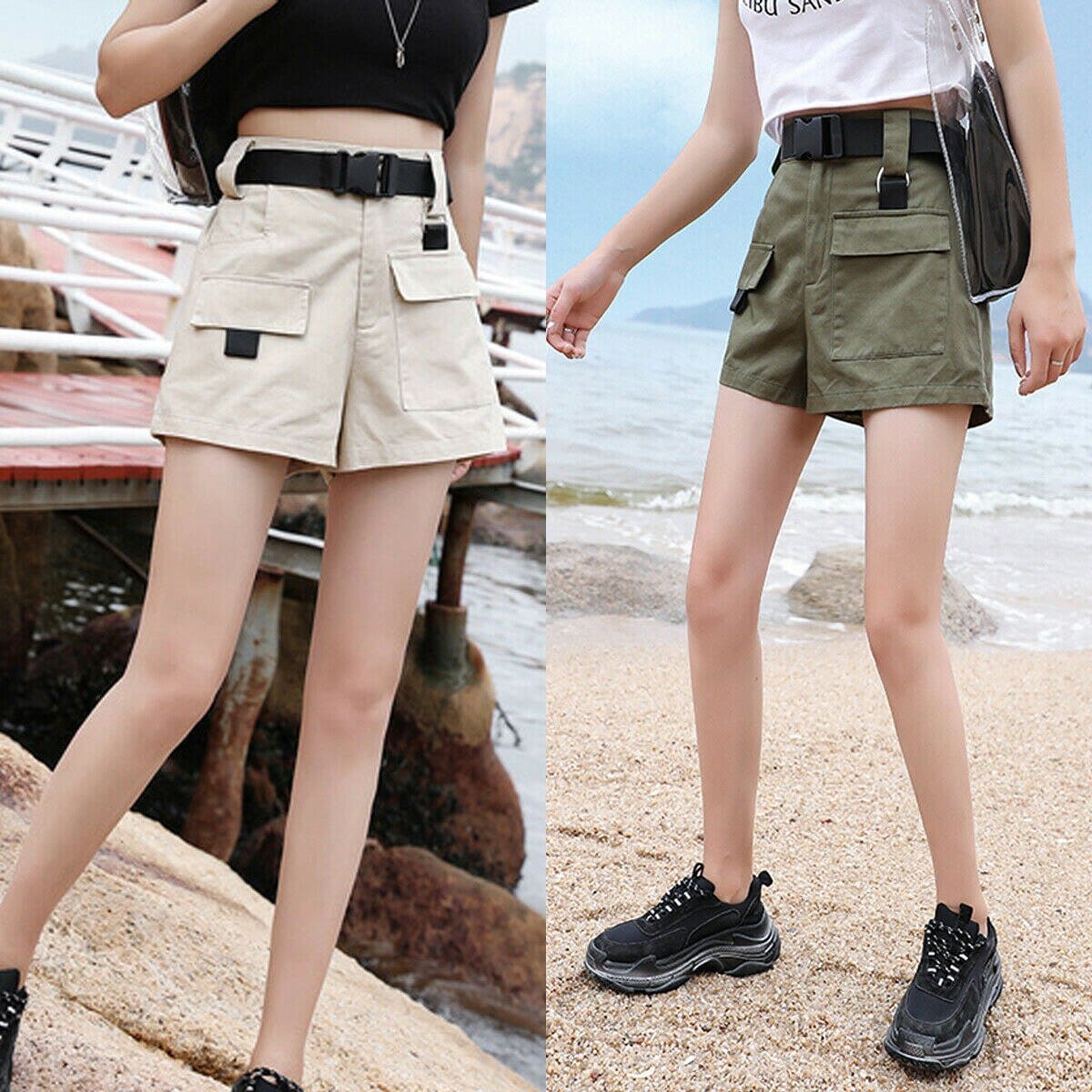 flowersverse New Women Cargo High Waist Shorts Cotton Overalls Fashion Ladies Casual Multi-pockets Breathable Loose Trouser Plus Size