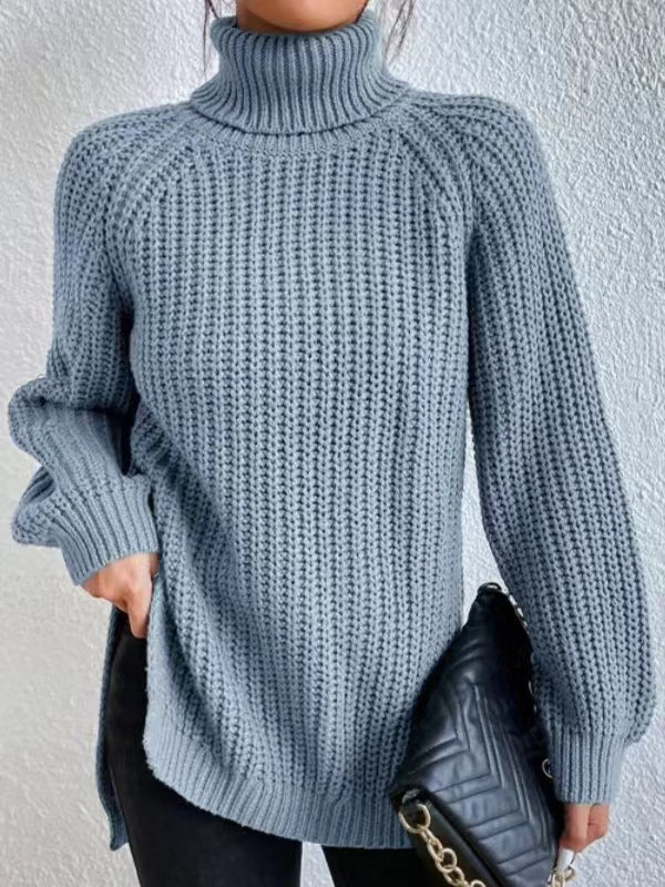 flowersverse Solid Color Split-side Long Sleeves Loose High Neck Sweater Tops Pullovers