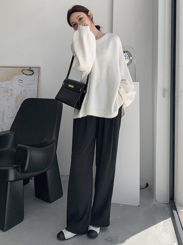 flowersverse Stretch Mohair-Blend Balloon Sleeves Loose Solid Round-Neck Sweater Tops
