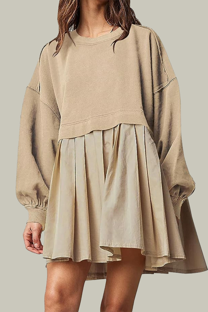 flowersverse Casual Solid Patchwork Contrast O Neck Pleated Dresses(6 Colors)