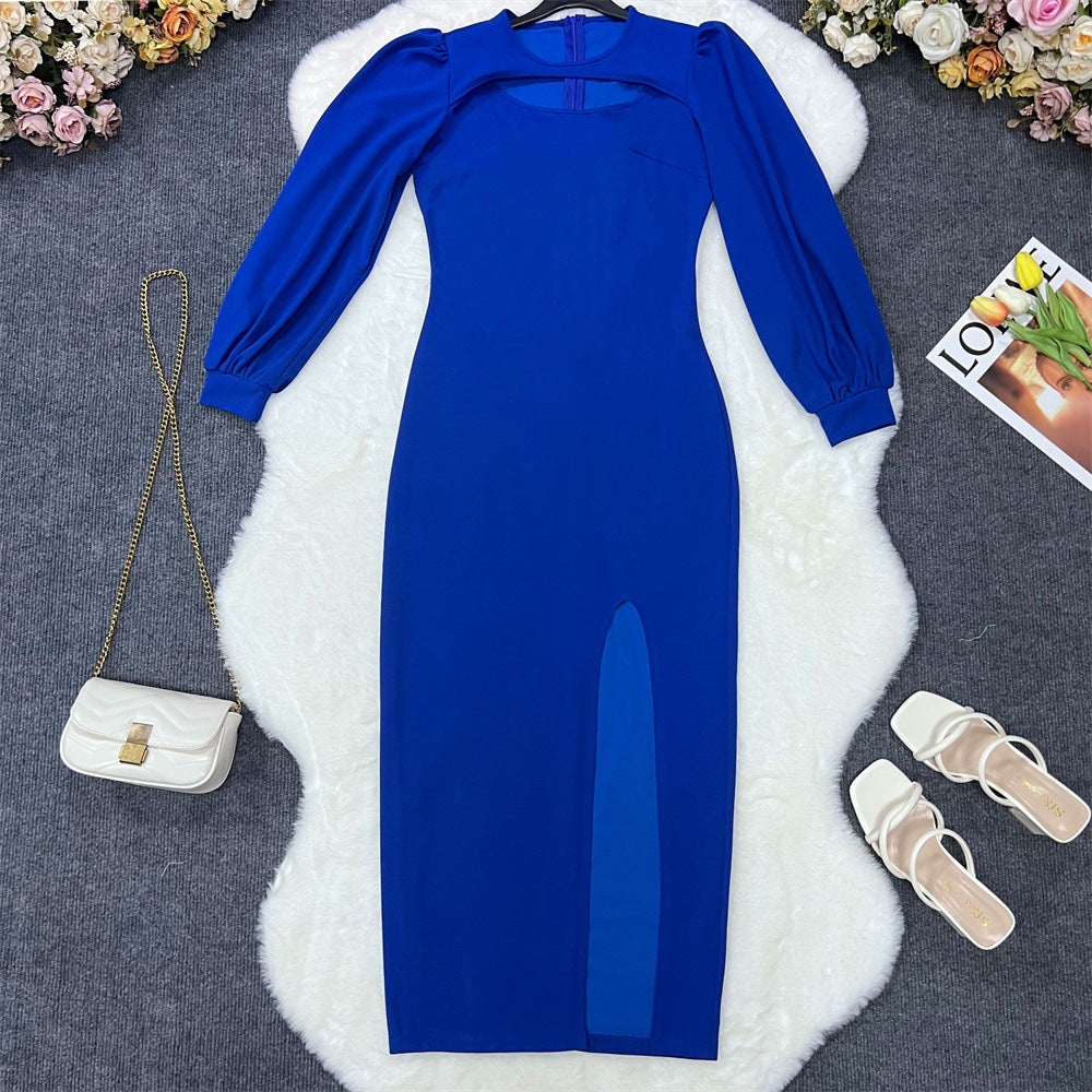 flowersverse Cutout Chic Long Sleeve Solid Color Ladies Slit Spring Summer Bodycon Dress