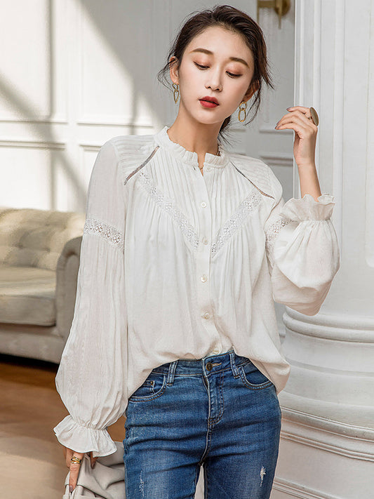 flowersverse Vintage Urban White Loose Puff Sleeves Blouse