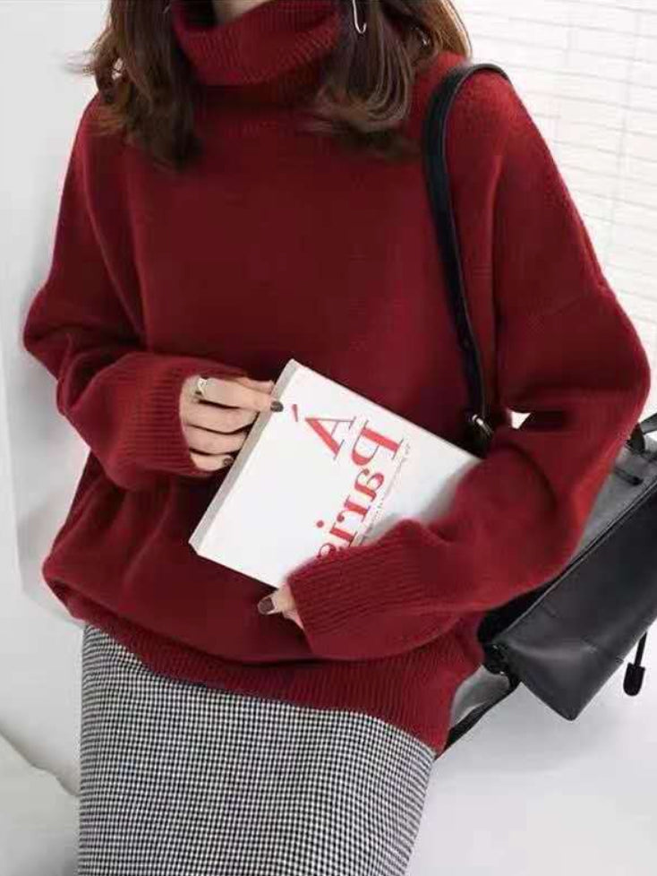 flowersverse Casual Loose Long Sleeves Solid Color High-Neck Sweater Tops