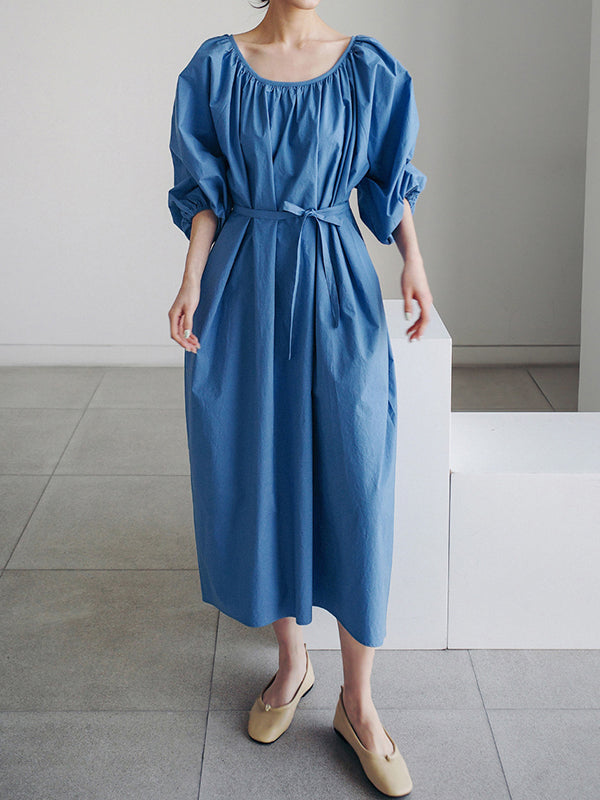 flowersverse Original Casual Loose Solid Color Pleated Puff Sleeves Midi Dress