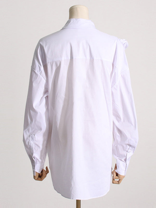 flowersverse Asymmetric Buttoned Pleated Solid Color Split-Joint Three-Dimensional Flower Long Sleeves Loose Lapel Blouses&Shirts Tops