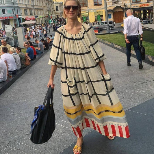 flowersverse Casual Round Neck 3/4 Sleeve Loose Plaid Maxi Dress