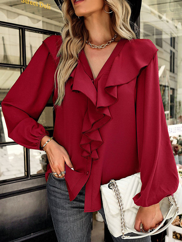 flowersverse Simple Long Sleeves Loose Falbala Solid Color V-Neck Blouses&Shirts Tops