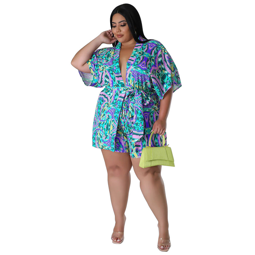 flowersverse Summer Plus Size Loose Print Blouse Lace-Up Shorts Multi-Color Two-Piece Set