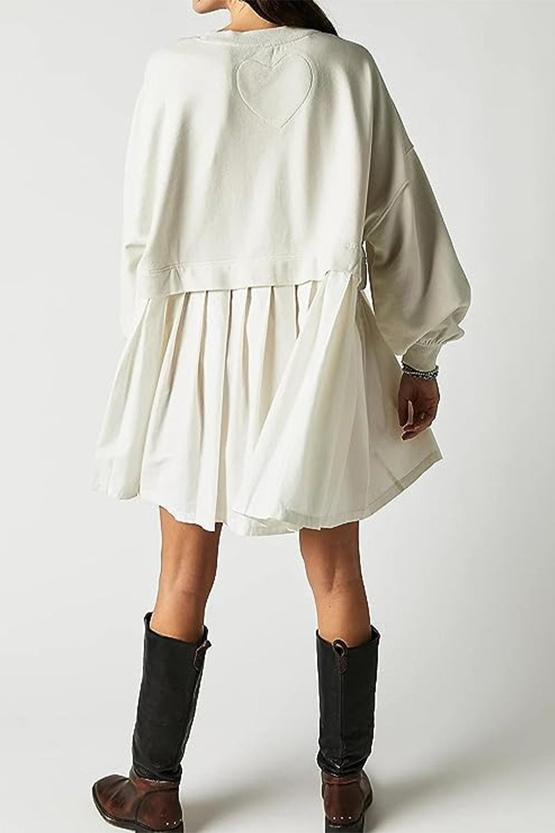 flowersverse Casual Solid Patchwork Contrast O Neck Pleated Dresses(6 Colors)