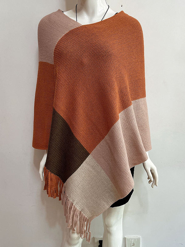 flowersverse Asymmetric Color-Block Tasseled Loose V-Neck Shawl&Cloak Cape
