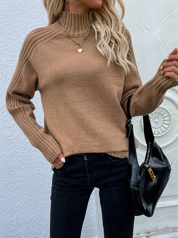 flowersverse Stylish Long Sleeves Loose Solid Color High-Neck Sweater Tops