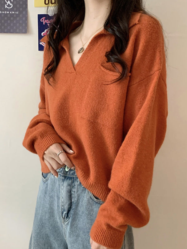 flowersverse Casual Simple 6 Colors V-Neck Long Sleeves Sweater Top