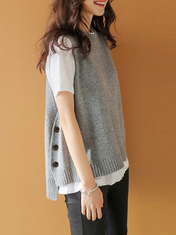 flowersverse Simple Sleeveless Loose Buttoned Solid Color Round-Neck Sweater Vest Outerwear