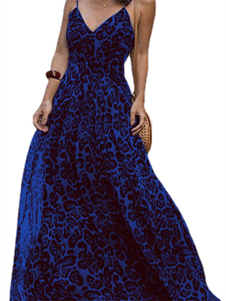 flowersverse Fashion Leopard V-Neck Sexy Sling Backless Dress