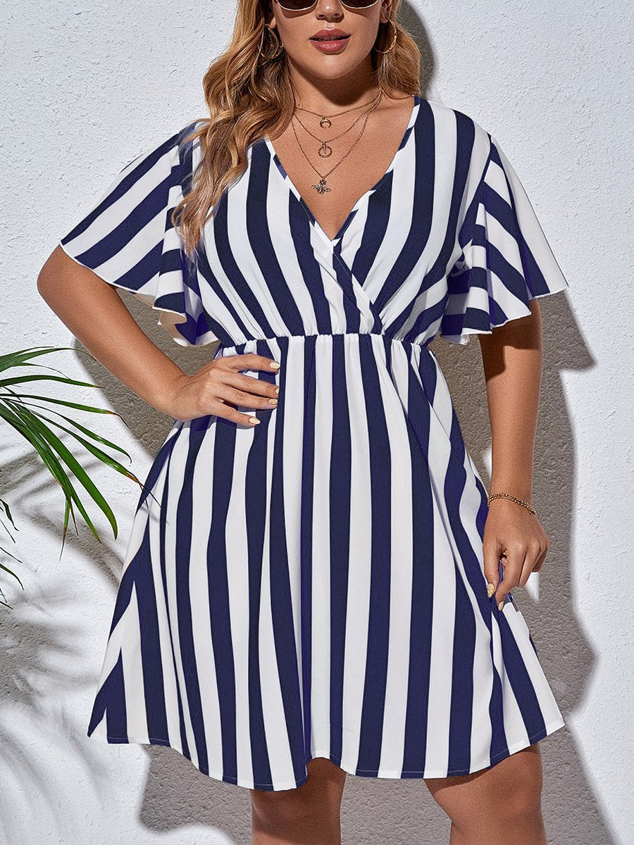 flowersverse Holiday Short Sleeve V Neck A-line Weaving Dress