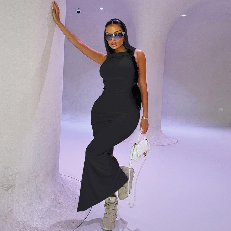 flowersverse Summer Ladies Solid Color Hooded Sleeveless Bodycon Slit Dress Women