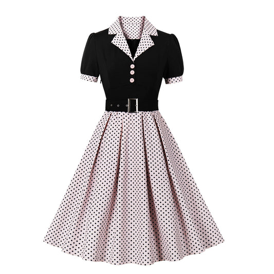 flowersverse Women Polka Dot Turndown Collar Short Sleeve Belt Dress