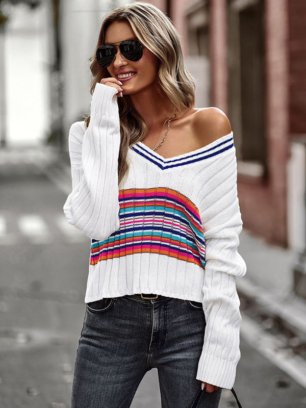 flowersverse Casual Long Sleeves Striped V-Neck Sweater Tops