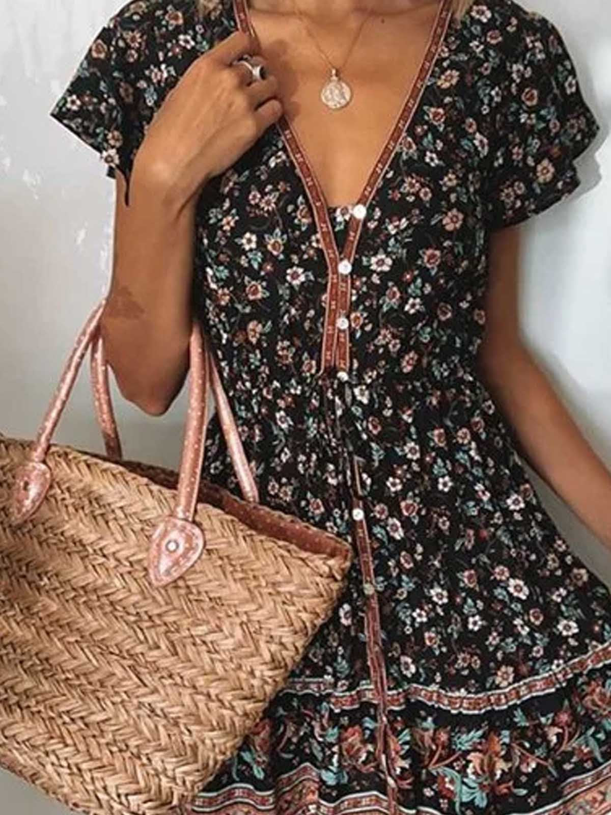 flowersverse Multicolor Short Sleeve Printed Casual Cotton Weaving Tunic Dress
