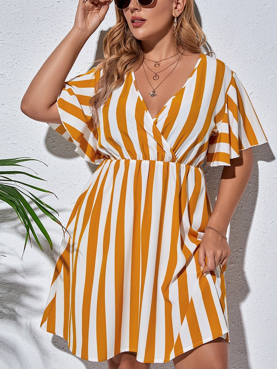 flowersverse Holiday Short Sleeve V Neck A-line Weaving Dress