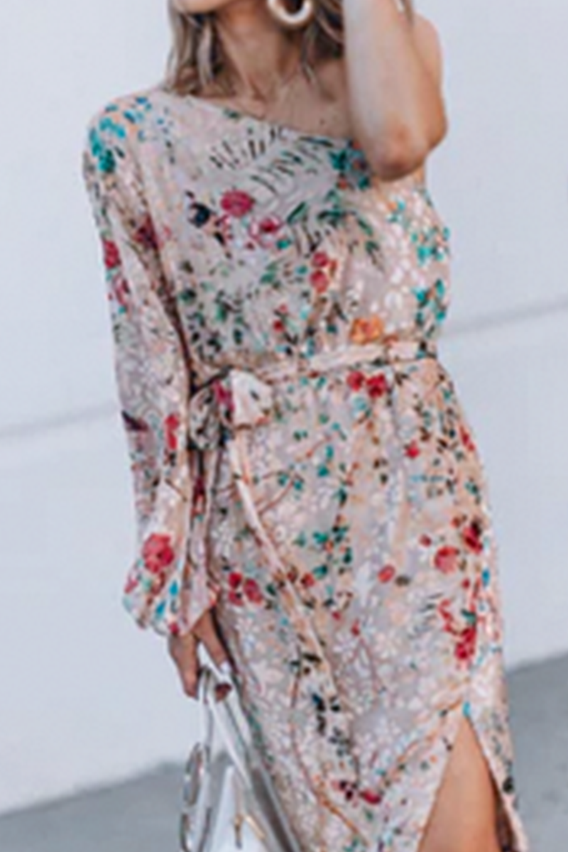 flowersverse Casual Print Patchwork One Shoulder Irregular Dress Dresses