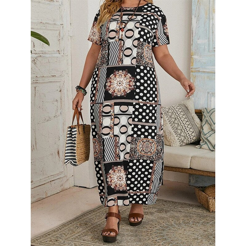 flowersverse Women's Plus Size Casual Dress Shift Dress Floral Geometric Long Dress Maxi Dress Short Sleeve Print Crew Neck Fashion Daily Black Summer Spring L XL XXL 3XL 4XL