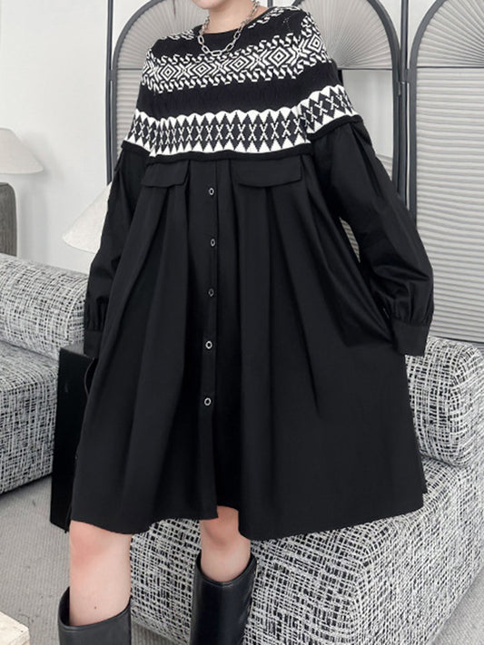 flowersverse Buttoned Contrast Color Split-Joint A-Line Long Sleeves Round-Neck Mini Dresses