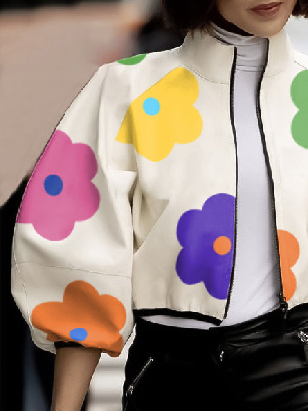 flowersverse Contrast Color Colorful Flower Print Zipper Stand Collar Outerwear Jackets