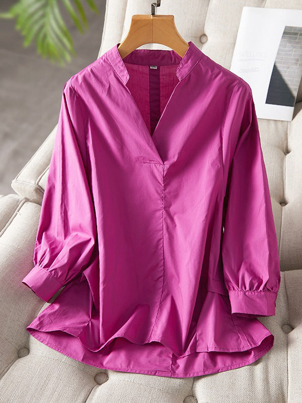 flowersverse Urban Stand Collar Solid Color Blouse Top